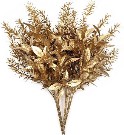 CATTREE Artificial Gold Plants for Christmas, Golden Leaves Plant Plastic Faux Shrubs Fake Simulation Spiky Grass Bushes for Indoor Outdoor Wedding Decoration Hall Table Planter Filler 4 Pack