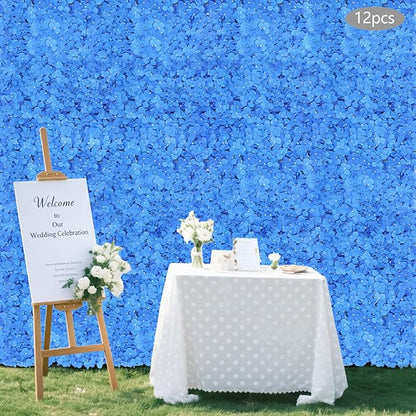 12PCS Artificial Flower Wall Panels Set, 23.62x15.75inch Silk Hydrangeas Flower Wall Decor Backdrop, Dark Blue Floral Wall Background for Wedding Arrangement Home Decoration