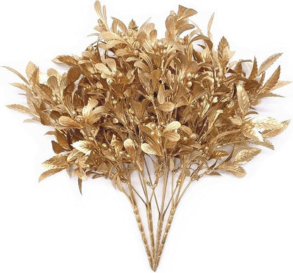 Fake Plants Golden Bouquet Christmas Ornaments, PASYOU Artificial Flowers Plastic Shrubs Grass Leaves Indoor Outdoor Home Garden Party Hotel Wedding Event Decorations Faux DIY Table Decor, Gold 4 Pack