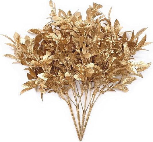 Fake Plants Golden Bouquet Christmas Ornaments, PASYOU Artificial Flowers Plastic Shrubs Grass Leaves Indoor Outdoor Home Garden Party Hotel Wedding Event Decorations Faux DIY Table Decor, Gold 4 Pack