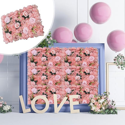 12 Pcs Artificial Flower Wall Panels, 24"x16" 3D Pink Silk Dahlia Hydrangea Rose Flowers Wall Backdrop Artificial Silk Fabric Flower Banquet Wedding Party Decor for Stage Background (Type 4)