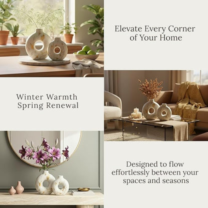Modern Ceramic Donut Vase Set of 2 - Boho Design White and Gold Marble Pattern Vases for Flowers and Pampas - Elegant Home Decor Centerpieces for Coffee Tables - Entryways - Dining and Living Rooms