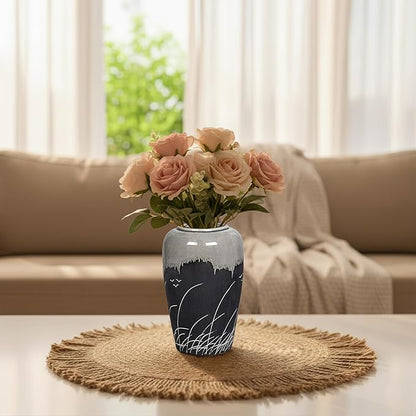 Black and Gray Vase, 8 Inch Grey Ceramic Vase with Crackle Finish, Minimalist Decorative Vases for Modern Home Decor, Office Desk, Living Room Table Centerpiece
