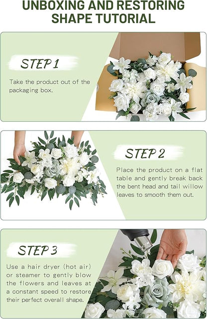 Faux Flower Swag Set of 2 for Wedding Welcome Signs Floral Swag Wedding Reception Ceremony Signs Decor (White & Green)