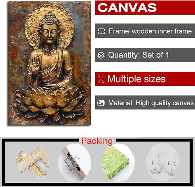 Buddha Wall Art Golden Buddha in Lotus Seat Serene spiritual statue radiant aura Meditation and mindfulness wall art suitable for sacred spaces 16x24in Wood Framed