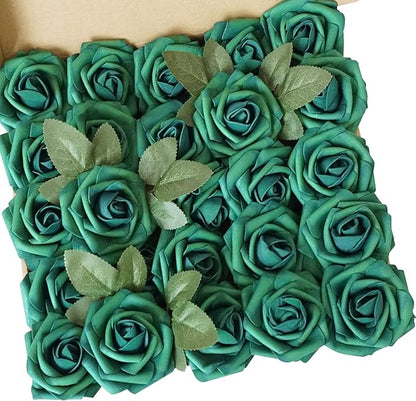 25pcs Dark Green Artificial Flower Foam Rose Real Touch Roses Flower Heads with Stem for DIY Wedding Bouquets Centerpieces Arrangements Party Baby Shower Home Decor (Dark Green)