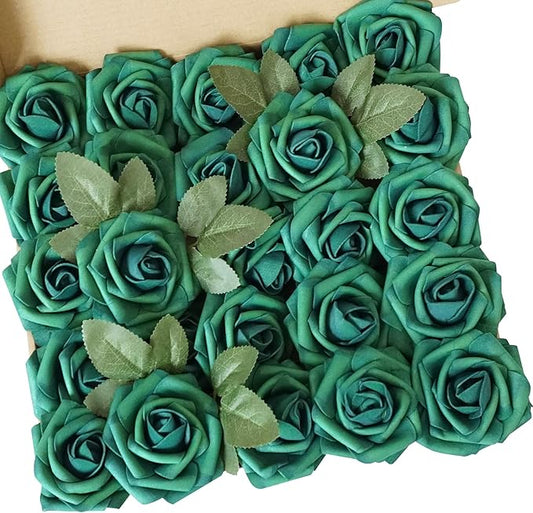 25pcs Dark Green Artificial Flower Foam Rose Real Touch Roses Flower Heads with Stem for DIY Wedding Bouquets Centerpieces Arrangements Party Baby Shower Home Decor (Dark Green)