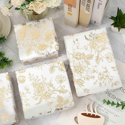 JarThenaAMCS Gold Foil Floral Wrapping Paper - Mini Roll - 17 Inch x 32.8 Ft Vintage Flower Gift Wrap Paper Decorative Art Paper for DIY Crafts Supplies