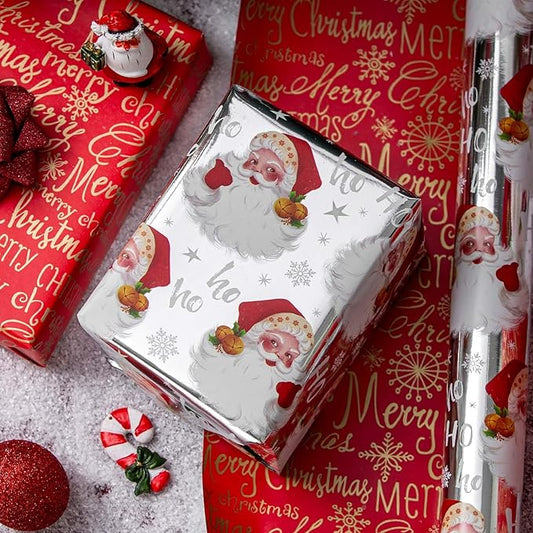 MAYPLUSS Christmas Wrapping Paper Roll - 17IN X 33FT - Silver Gift Wrap Paper Featuring Santa Claus Snowflake HO Reversible Gold Merry Christmas for Kids, Holiday, New Year
