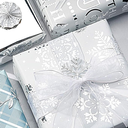 WRAPAHOLIC 30 Inch Christmas Wrapping Paper Roll - Jumbo Roll Blue and Silver Snowflake Holiday Design with Metallic Foil Shine - 4 Rolls - 30 Inch x 120 Inch Per Roll