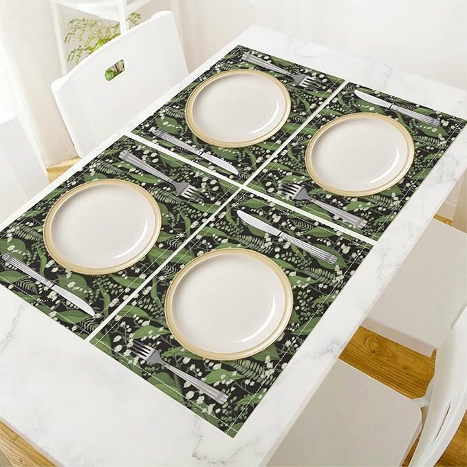 Vintage Botanical Placemats Set of 8, 17x12 Inch Retro Nature Plant Exotic Green Leaves Wildflower Table Mats for Home Party Kitchen Dining Decor