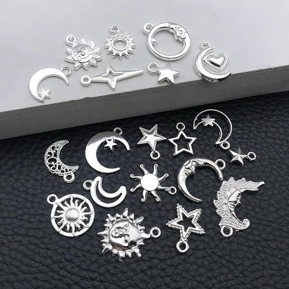 WOCRAFT 60pcs Bright Silver Sun Moon Star Bracelet Charms for Jewelry Making Sets DIY Necklace Bracelet Keychain Crafting Charms Kit Craft Supplies (SN837)