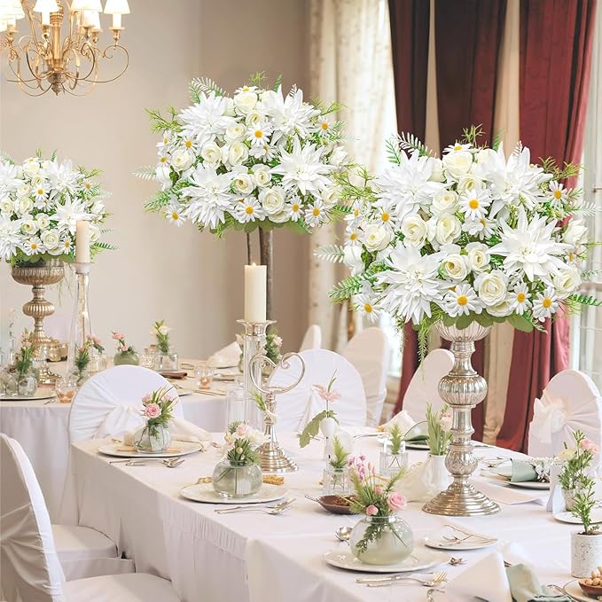 2PCS Artificial Flowers Dahlia Bouquet Fake Flowers White Silk Roses Daisies Faux Floral Arrangements for Dining Table Centerpieces for Kitchen Bridal Bouquet Wedding Party Home Decor