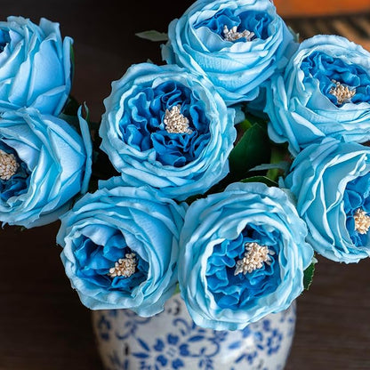 Fake Flowers for Decoration Home Decor Real Touch Artificial Flowers Austin Rose Peony Latex Fake Flower Living Room Decoration Vivid Pink Roses Peonies (Deep Blue 4pcs)