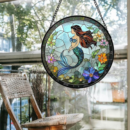Stained Glass Window Hanging - Light Blue Mermaid Suncatcher for Door Terrace Garden Home Decor, Ocean Flowers Sun Catcher Birthday Gifts for Lovers Women Men Dad Mom Nana 6.3 in
