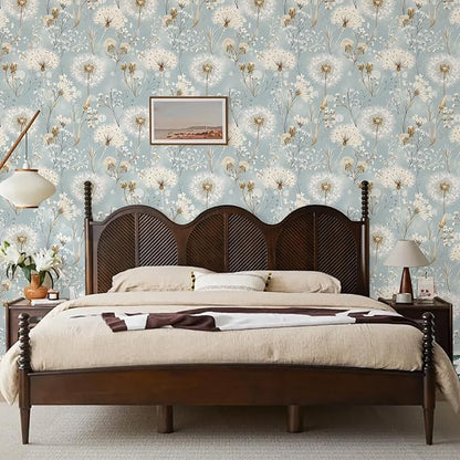Dandelions and Wildflowers Peel and Stick Wallpaper Soft Gray and Blue Self Adhesive Removable Leaf Floral Contact Paper Nursery Bedroom Mural Wall Decorative 17.71"x118.1"