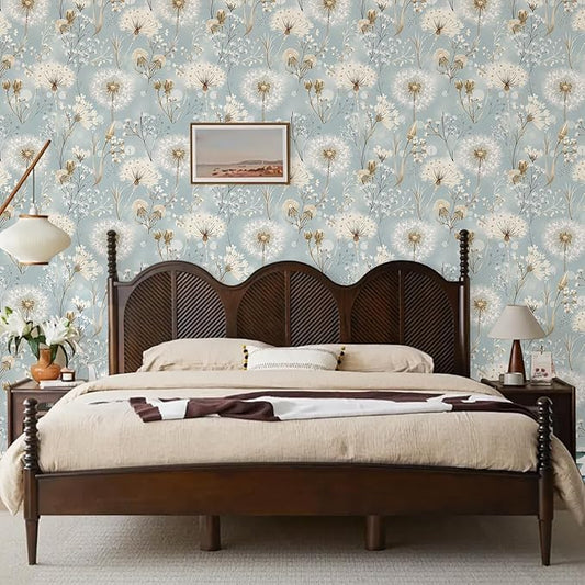 Dandelions and Wildflowers Peel and Stick Wallpaper Soft Gray and Blue Self Adhesive Removable Leaf Floral Contact Paper Nursery Bedroom Mural Wall Decorative 17.71"x118.1"