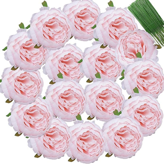 FagusHome 25 Pcs Silk Peony Artificial Flower Heads 4 inch Fake Peony Flowers Heads with Stems Artificial Peony Flower Heads in Bulk Wholesale for Wedding Home Decor (Pink)