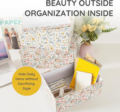 Soul & Lane Decorative Storage Cardboard Boxes with Lids | Summer Bouquet - Set of 3 | Paperboard Nesting Boxes for Organizing