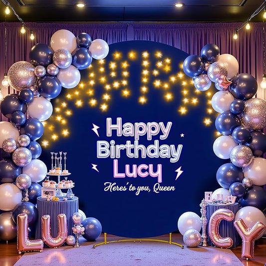 6.6 FT Navy Blue Round Backdrop Cover with Lights String for Circle Arch Stand Circle Backdrop Covers with LED Fairy Lights for Wedding Arch Baby Shower Birthday Party Photo Photography Background