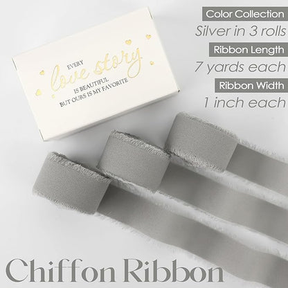 MEEDEE Silver Chiffon Ribbon 1 Inch Frayed Ribbons Gray Chiffon Silk Grey Fringe Ribbon Thin Chiffon Ribbons for Crafts, Gift Wrapping, Wedding Invitation (3 Rolls 21 Yards)