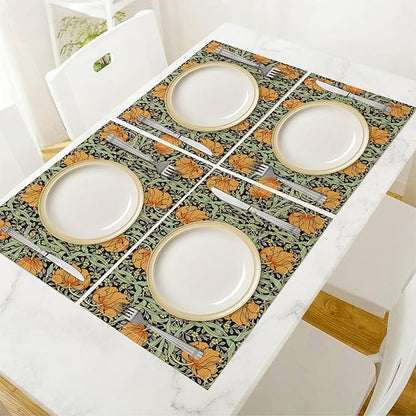William Morris Placemats Farmhouse Sage Green Orange Vintage Floral Art Printed Dining Table Mats Set of 4 for Home Kitchen Holiday Picnic Party Decoration 12x18in