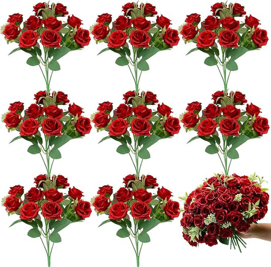 8 Pack Rose Artificial Flowers Bouquet, 10 Small Silk Rose Heads Per Pack, Fake Roses Bunches for Wedding Table Centerpieces Bridal Bouquet Mother's Day Valentine's Day Home Decor, Red