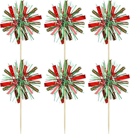 Gyufise 20Pcs Foil Firework Cupcake Toppers Happy Birthday Cake Toppers Tinsel Flower Drink Stirrers Cocktail Food Fruit Toothpicks for Valentine's Day Party Birthday Wedding Supplies Green Red