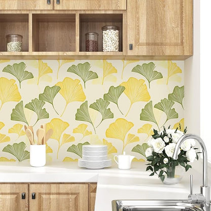 Gingko Wallpaper Peel and Stick, Yellow/Green Leaf Contact Paper, Vintage Autumn Botanical Leaves Wall Paper 17.5" x 118" Self Adhesive Removable Waterproof for Bedroom Shelves Cabinet Drawer Table