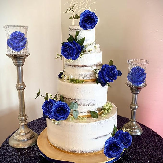 Glitter Flowers,30PCS Royal Blue Roses Artificial Flowers Fake Roses for DIY Crafts Wedding Bouquet Party Home Decor(Royal Blue)