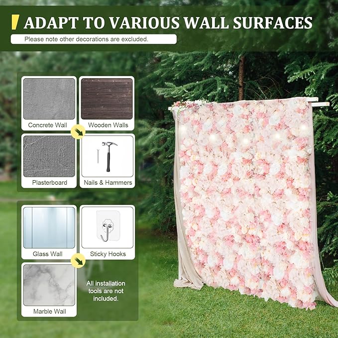 12 PCS Artificial Flowers Wall Decoration 24" x 16" Decorative Rose Hydrangea Flower Panels Flower Wall for Home Party Wedding Christmas Festival Photo Backgdrop Decor (12 Pcs, Pink+Yellow)