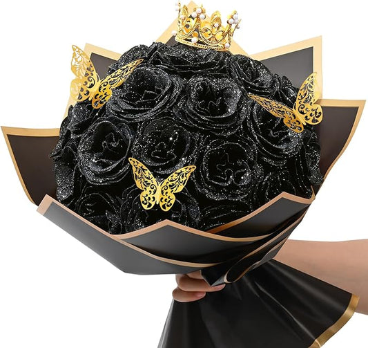 Waipfaru 24 Pcs Glitter Roses Bouquet, DIY Fake Flowers Bouquet, Artificial Black Rose Bouquet for Valentines, Mothers Day Gifts, Anniversary, Engagement, Wedding