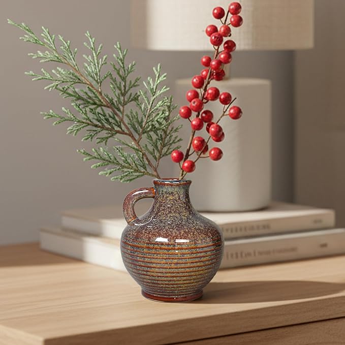 Sunddo Brown Ceramic Vase 6 Inch - Small Rustic Decorative Vase with 1 Handle, Rustic Farmhouse Decor, Bedroom, Bathroom, Bookshelf, Mantel, Coffee Table Decor