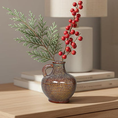 Sunddo Brown Ceramic Vase 6 Inch - Small Rustic Decorative Vase with 1 Handle, Rustic Farmhouse Decor, Bedroom, Bathroom, Bookshelf, Mantel, Coffee Table Decor