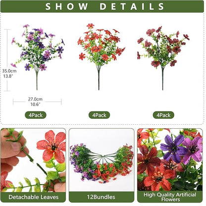 Homsunny Artificial Mums Fake Flowers for Outdoors Decoration, 12 Bundles Faux Silk Daisy Plants UV Resistant for Outside Garden Front Door Porch Planter Patio Yard (Mix)