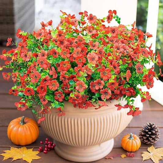 HyeFlora Artificial Flowers for Outdoor Indoor Garden Home Decoration, Faux Flower Daisy with Eucalyptus Leaves Fake Plants Greenery Boxwood Porch Patio, 12 Bundles (Red)
