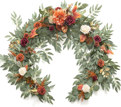 Ling's moment Terracotta Flower Garland - 6FT Eucalyptus & Rose - Sweetheart Table Decor for Wedding Reception, Fall Artificial Floral Garland for Mantle, Christmas Decoration, Burnt Orange