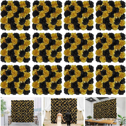 Artificial Flower Panels Rose Black Gold 15 * 15inch -12Pack 3D Floral Wall Backdrop for Party Stage Event Party Gothic Live Streaming Photography Anniversary Background Arrangement Decor
