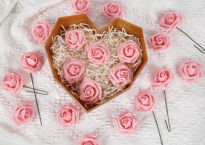 Glitter Roses Artificial Flowers 30 PCS Foam Roses 2.17 in Foam Flowers Glitter Flowers with Stem Fake Flowers for DIY Wedding Bridal Bouquet Party Centerpieces Decor(Peach)