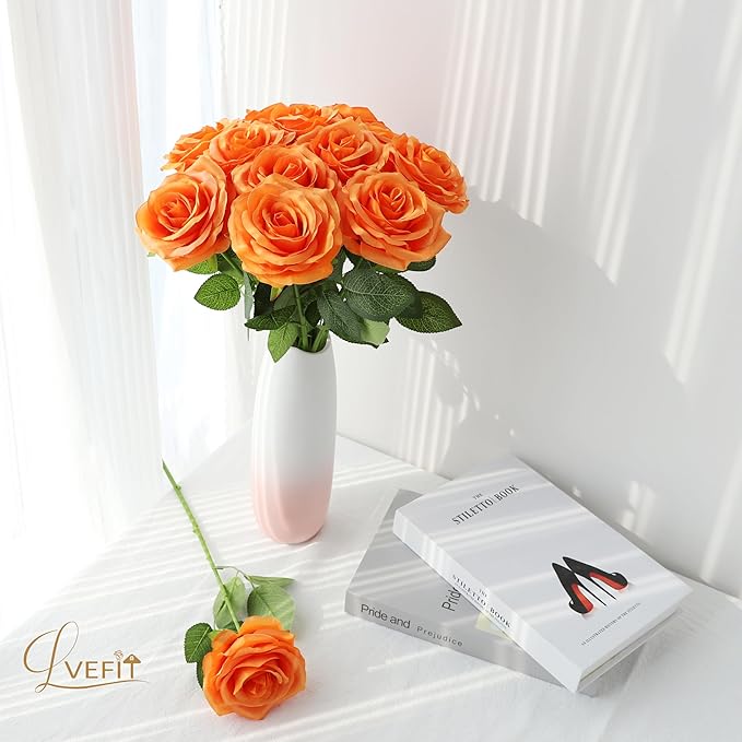 12pcs Artificial Rose Flower Orange Rose Orange Flower with Long Stem Silk Roses Bouquet for Wedding Bridal Shower Party Home Decoration