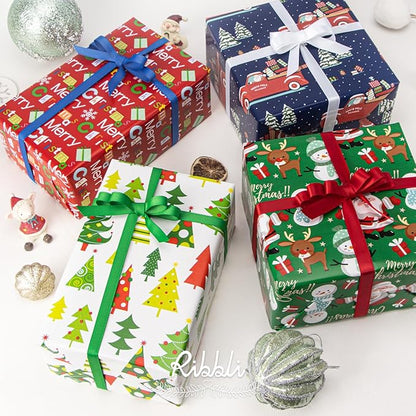 Ribbli Christmas Wrapping Paper 30 Inch Gift Wrapping Paper 4 Rolls Merry Christmas Santa Claus Snowman Tree Printed Assortment -30 Inch x 10 Feet Per roll