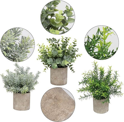 Flojery Mini Potted Plants Artificial Eucalyptus Boxwood Rosemary Faux Herbs Small House Plants 8.3"-9" Tall for Indoor Greenery Tabletop Décor Centerpiece (Sprayed Eucalyptus)