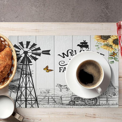 Farm Placemats, Vintage Rustic Farmhouse Wooden Plank Cow Sunflower Tractor Windmill Butterfly Print Washable Fabric Placemats Table Kitchen Dining Party 12x18 Inch Set of 6