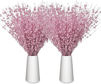 Geosar 30 Pcs Christmas Artificial Glitter Berry Stem Decorations 17 Inch Faux Stick Floral Pick Centerpiece Bouquet Flower Bead Twigs for Centerpiece Tree Wreath Xmas Ornaments Home(Pink)