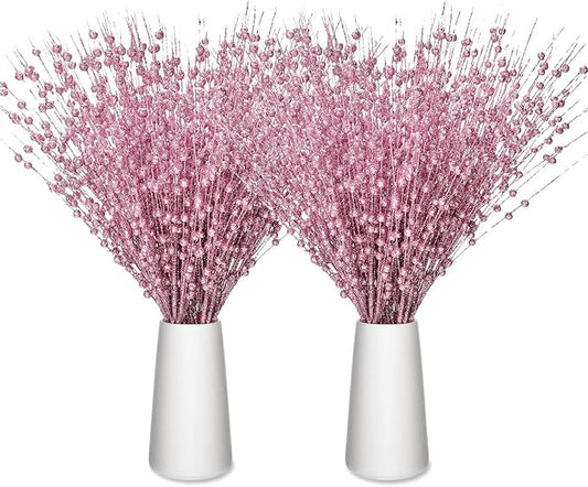 Geosar 30 Pcs Christmas Artificial Glitter Berry Stem Decorations 17 Inch Faux Stick Floral Pick Centerpiece Bouquet Flower Bead Twigs for Centerpiece Tree Wreath Xmas Ornaments Home(Pink)