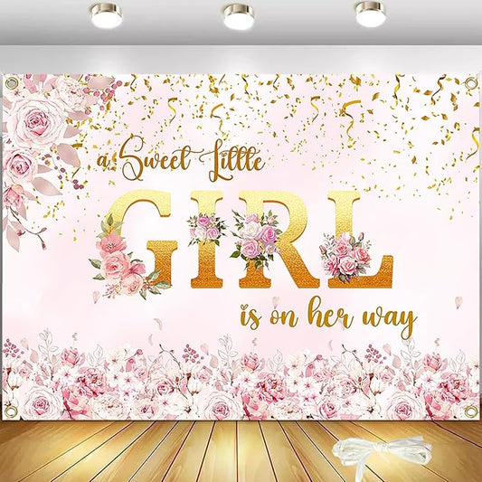 A Sweet Little Girl is on Her Way Backdrop 10x6.5FT – Pink Floral Baby Shower Banner with 19.68FT Ribbon, Double-Stitched Edges & 4 Brass Grommets, Reusable Girl Party Decorations & Photo Booth Props