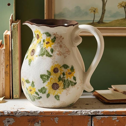Levvohd Vintage Vase with Handle, 7.6 Inch Ceramic Pitcher Sunflower Floral Vase, Rustic Farmhouse Vases for Grandma Core Home Decor, Bookshelf Office Tuscan Decor (Large)