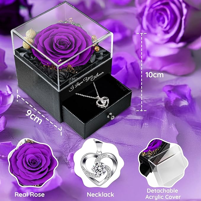 Gifts for Mom Birthday, Preserved Real Purple Rose with Necklace, Eternal Roses Forever Flowers Gifts for Women Girlfriend Mom Grandma Wife Mother's Day Birthday Anniversary