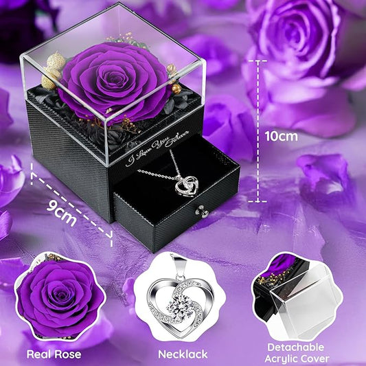 Gifts for Mom Birthday, Preserved Real Purple Rose with Necklace, Eternal Roses Forever Flowers Gifts for Women Girlfriend Mom Grandma Wife Mother's Day Birthday Anniversary