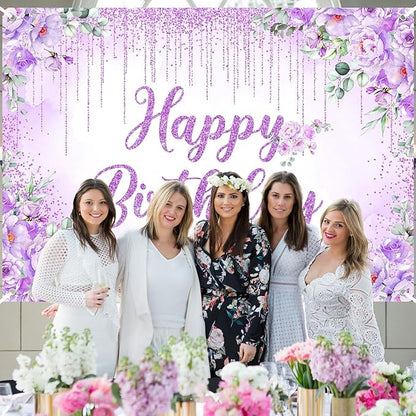 Avezano Happy Birthday Backdrop Banner for Girls Women Happy Birthday Party Decorations Floral Glitters Bday Banner Party Supplies (Purple, 7x5ft)